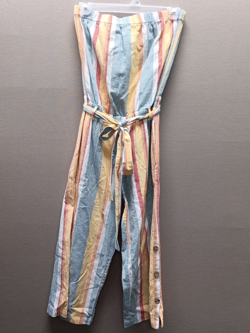 Vintage Havana Multicolor Pastel Stripe Strapless Jumpsuit Linen Blend